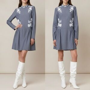 Suno NWT Mock Neck Floral Embroidered Cotton-Chambray Mini Dress Size 2